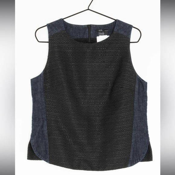 Armani Exchange Pieced Tweed Shell Navy Blue and Black Top NWT - Picture 2 of 13